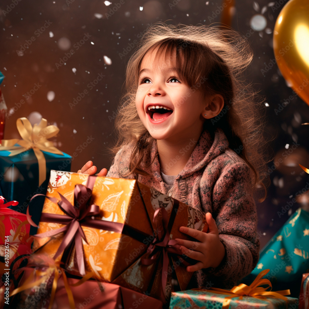 excited little girl opening Christmas presents. Celebrating Christmas
