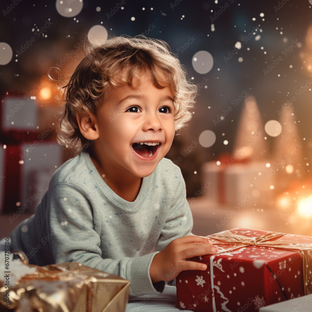 Excited child opening christmas presents. Merry Celebrating Christmas