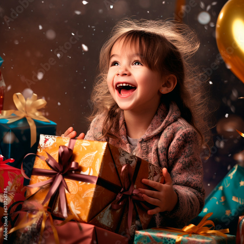 Obraz na płótnie excited little girl opening Christmas presents. Celebrating Christmas w salonie