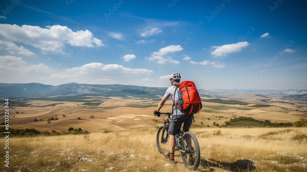 A cyclist with a red backpack on a background of blue sky. Wide angle. Beautiful landscape with hills and horizon. generative ai