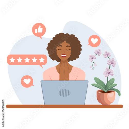 A woman with a laptop gets likes, comments, reviews, feedback. Blogger, freelancer. Illustration, clip art, vector