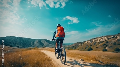 A cyclist with a red backpack on a background of blue sky. Wide angle. Beautiful landscape with hills and horizon. generative ai
