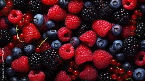  a pile of berries and raspberries with blueberries and raspberries in the middle of the image.  generative ai