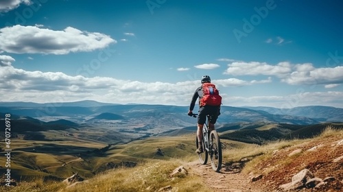 A cyclist with a red backpack on a background of blue sky. Wide angle. Beautiful landscape with hills and horizon. generative ai © Ahtesham
