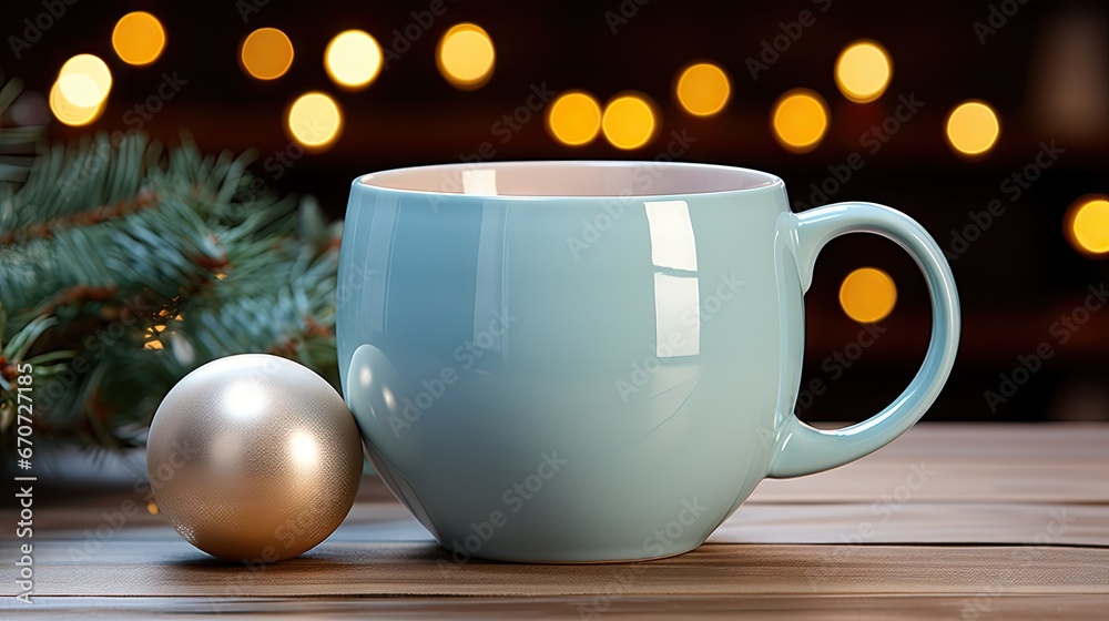  a close up of a coffee cup on a table with a christmas ornament in front of a christmas tree.  generative ai