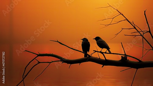  a couple of birds sitting on top of a tree branch in front of a body of water with a sunset in the background. generative ai
