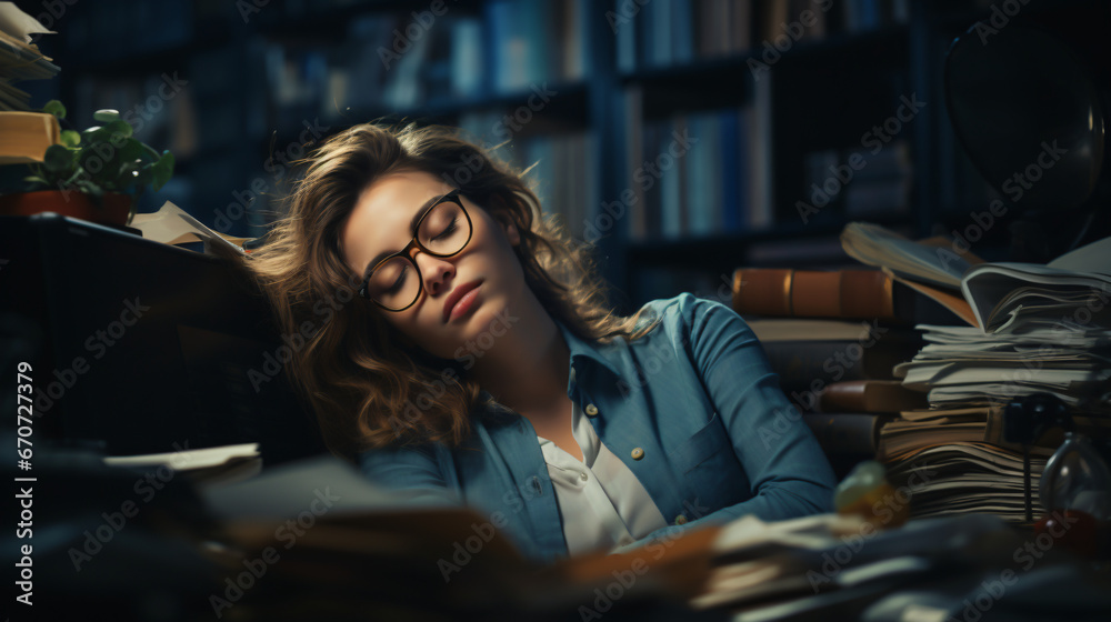 woman in glasses sleeping in dark office or library at night surrounded by piles of books. Woman working overtime. work-life balance. woman in glasses sleeping in dark office or library at night surrounded by piles of books. Woman working overtime. work-life balance.