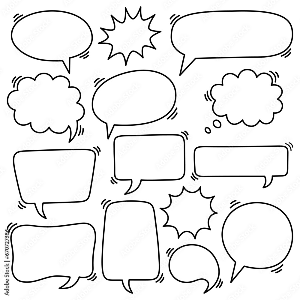 Fototapeta premium Doodle speech bubble set with different shapes. Cartoon chatting box, message box or thinking sign boarders. Vector cloud or empty dialog frame. Editable stroke.