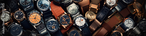 Banner, illustration of a collection of varied wrist watches 