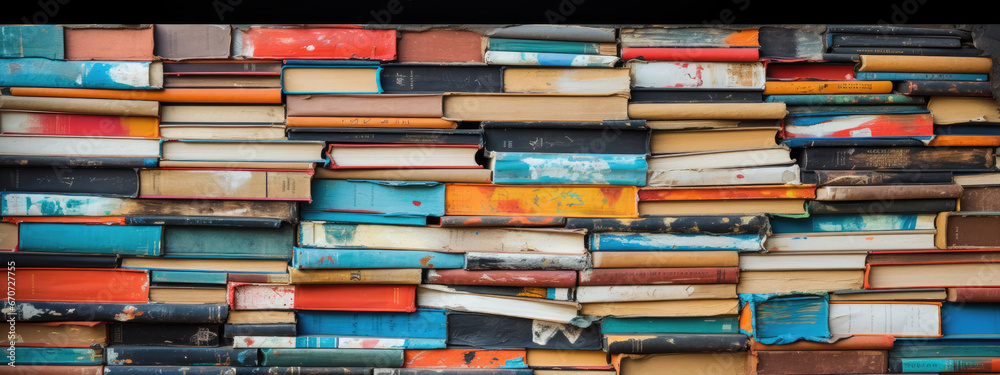 Stack of old multicoloured books forming a textured pattern Stack of old multicoloured books forming a textured pattern
