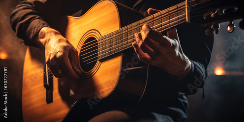 Close-up of acoustic guitar being played in concert setting