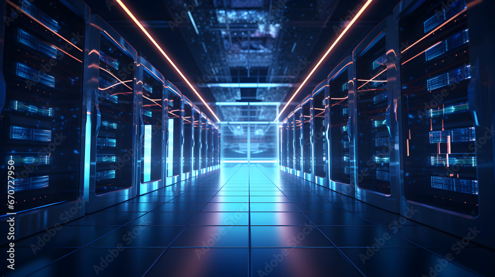Shot of Data Center With Multiple Rows of Fully Operational Server Racks. Modern Telecommunications, Cloud Computing, Artificial Intelligence, Database, Super Computer Technology Concept. 
