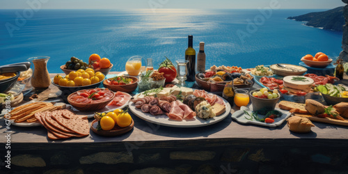 Fototapeta Naklejka Na Ścianę i Meble -  Mediterranean spread of food, including pasta, salad, bottles of wine, fruit, and ice cream with the Mediterranean ocean in the background