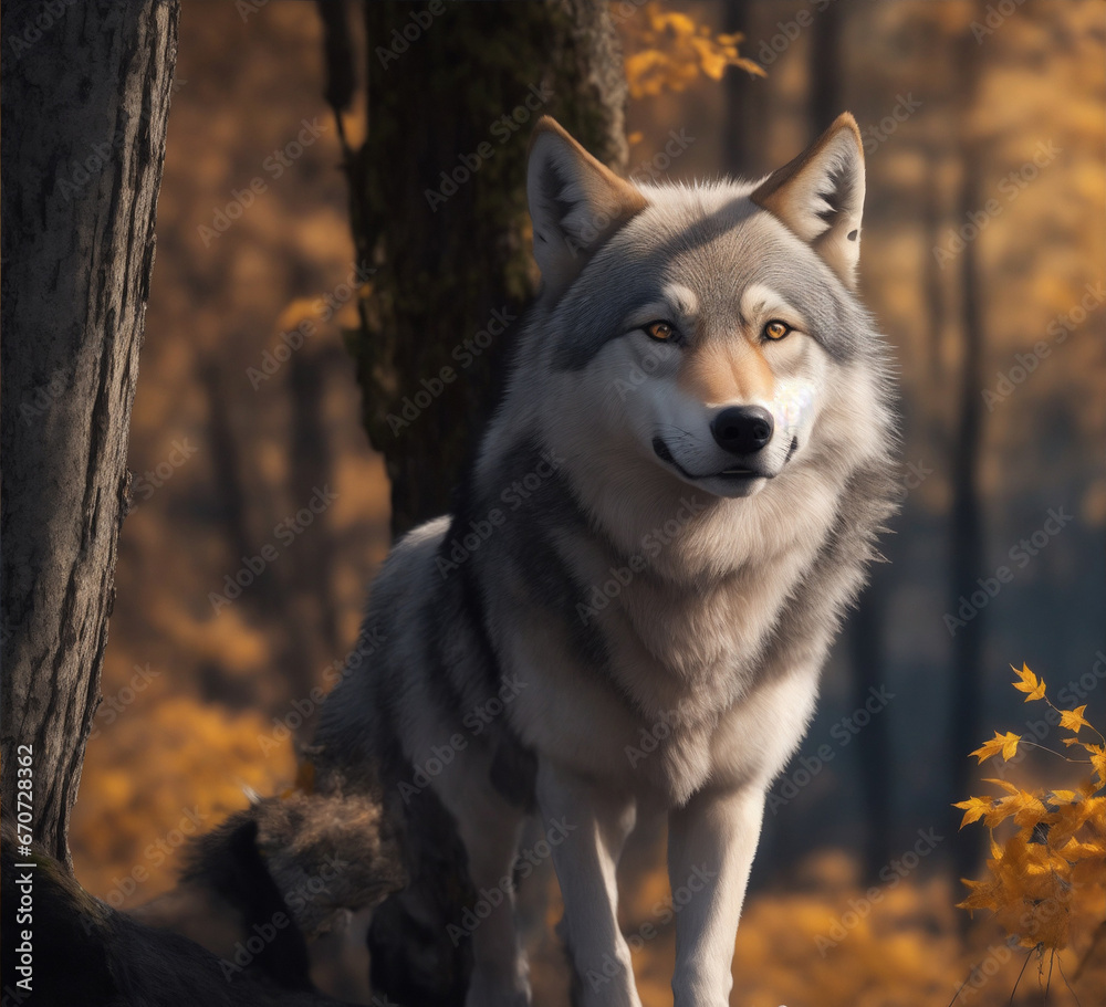 A wolf in the woods, close-up.