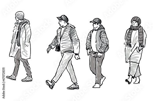 Sketch of casual crowd people walking along street