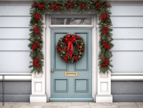 Christmas wreath hanging on a front door, welcoming in the holiday spirit. Background