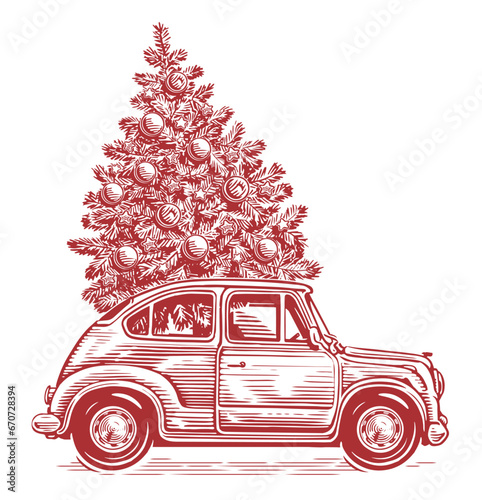 Hand drawn retro car and fir tree with decorations in sketchy vintage style. Christmas, New Year vector illustration