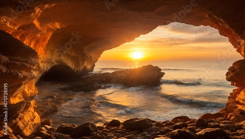 A view from inside the cave at sunset