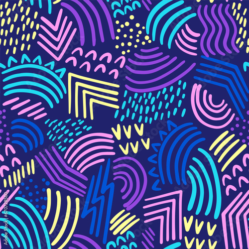 Seamless pattern with funny lines. Cool texture background doodle. Wallpaper for teenager girls. Fashion style