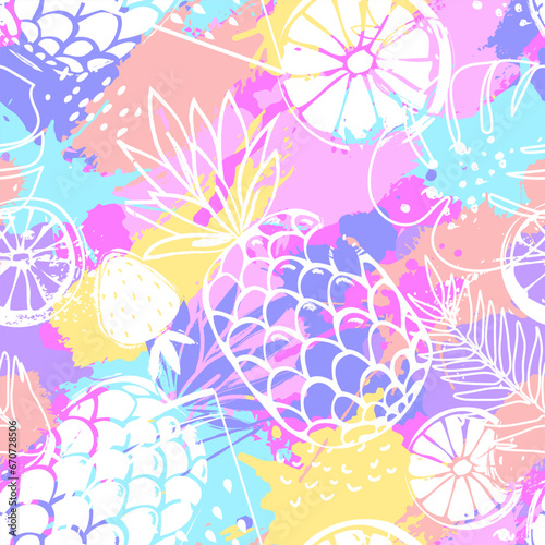 Fashion tropics funny wallpapers. Seamless pattern with pineapples, strawberries and oranges on white background. Bright summer fruits illustration. Fruit mix design for fabric and decor.