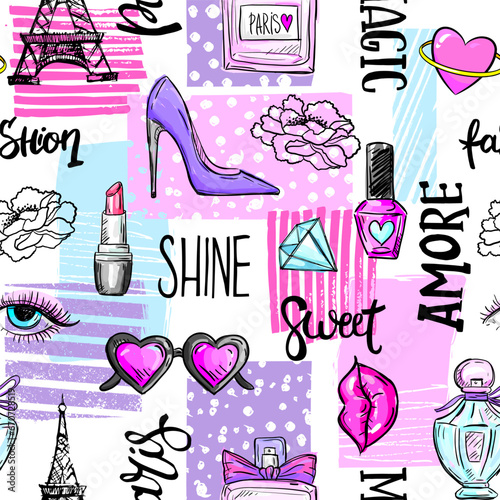 Fashion Seamless Pattern for woman with perfume, lipstick, nail polish, shoes, lips and other elements. Girl abstract print hand drawing style Background