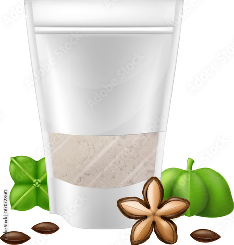 White plastic bag package with sacha inchi powder and ripe sacha inchi isolated on white background. Vector illustration.