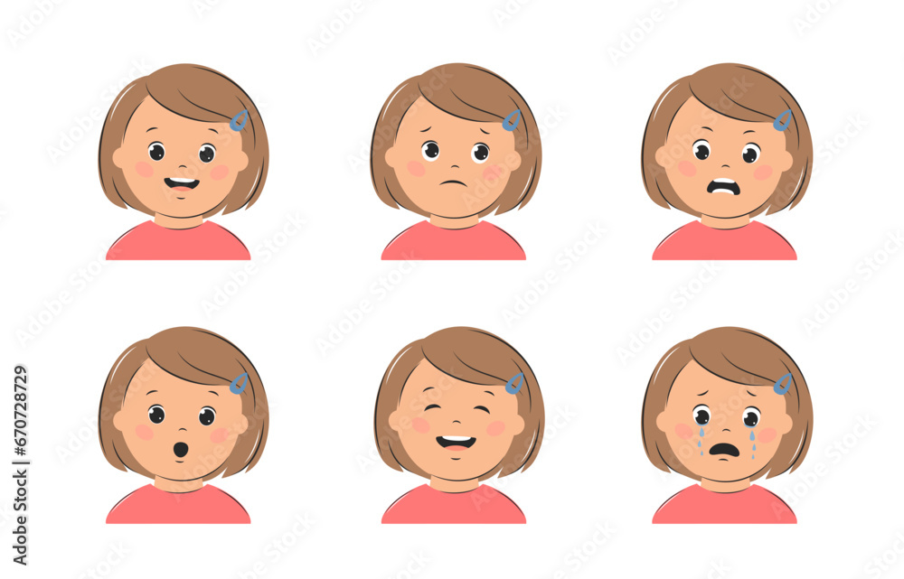 Face expressions girl kid. Different children's emotions set. Vector illustration Face expressions girl kid. Different children's emotions set. Vector illustration