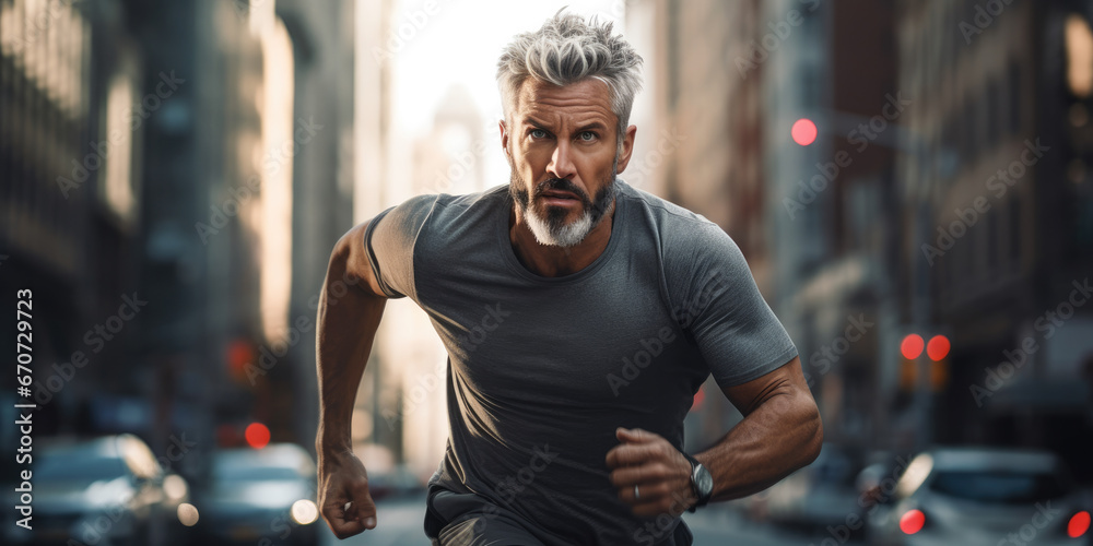 Grey haired man running through the city traffic Grey haired man running through the city traffic