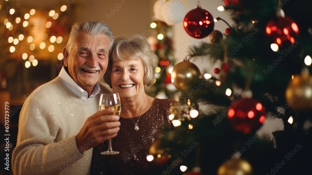 Couple of older people enjoying holiday wine with champagne at Christmas. Happy senior couple celebrating Christmas Eve Couple of older people enjoying holiday wine with champagne at Christmas. Happy senior couple celebrating Christmas Eve