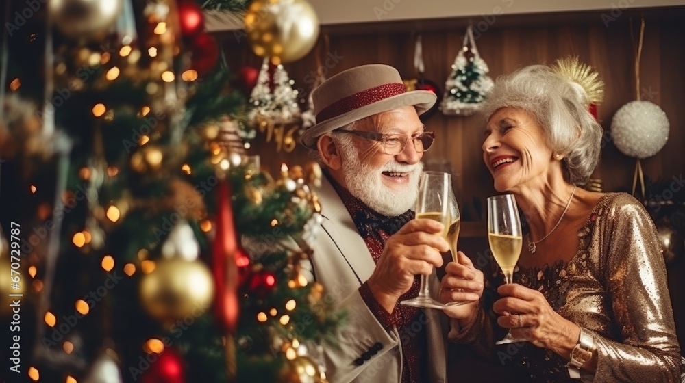 Couple of older people enjoying holiday wine with champagne at Christmas. Happy senior couple celebrating Christmas Eve Couple of older people enjoying holiday wine with champagne at Christmas. Happy senior couple celebrating Christmas Eve