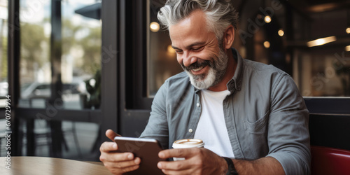 Man with grey hair and beard, laughing, looking at mobile telephone