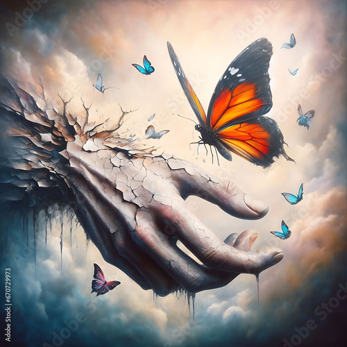 Cracked Hand Reaching for Butterfly in Cloudy Sky photo
