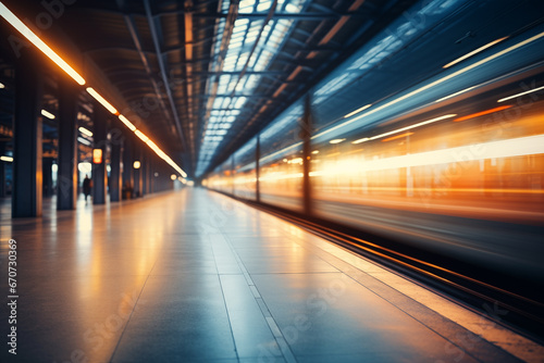 Blurred background of platform in modern railway station. AI generated content. © Andrii