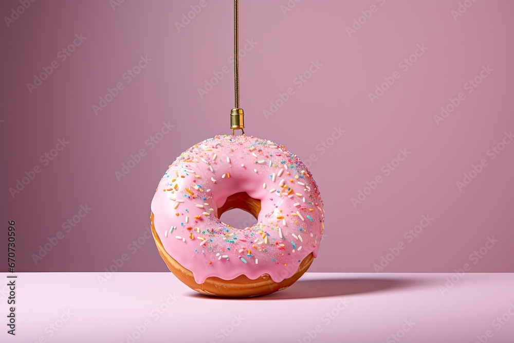Artificial food decor, unusual chandelier, donut lamp, bright and unusual. - obrazy, fototapety, plakaty 