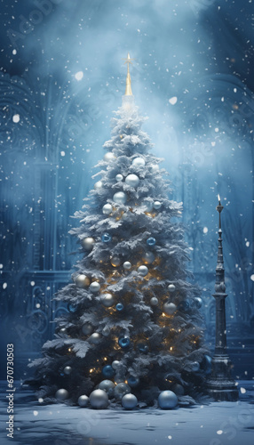 Weihnachtsbaum geschmückt im Außenbereich mit viel Schnee