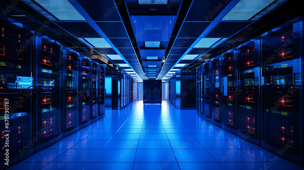 Shot of Data Center With Multiple Rows of Fully Operational Server Racks. Modern Telecommunications, Cloud Computing, Artificial Intelligence, Database, Super Computer Technology Concept. Shot of Data Center With Multiple Rows of Fully Operational Server Racks. Modern Telecommunications, Cloud Computing, Artificial Intelligence, Database, Super Computer Technology Concept.