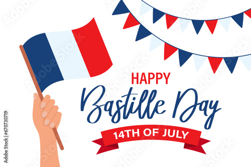 Happy Bastille Day. France national holiday poster. Eiffel Tower and handwritten lettering. Illustration, vector