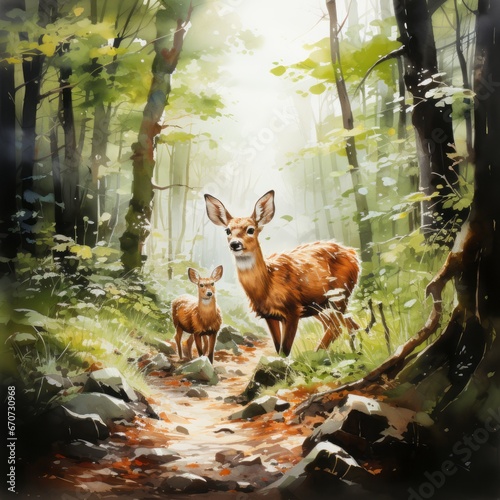 A whimsical woodland scene showcasing a family of deer cautiously wandering through a sun dappled forest
