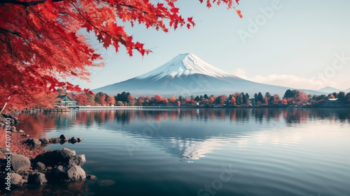 beautiful landscape of mountain fuji in maple leaf around around lake yamaka lake in autumn season