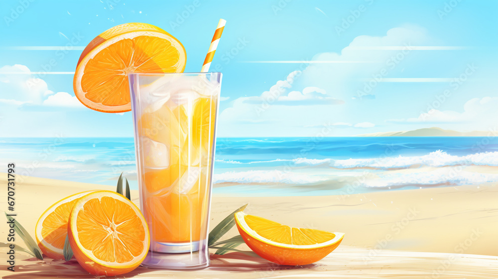 illustration of orange juice on the beach illustration of orange juice on the beach