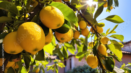 Bunches of fresh yellow ripe lemons on lemon tree branches in Italian garden