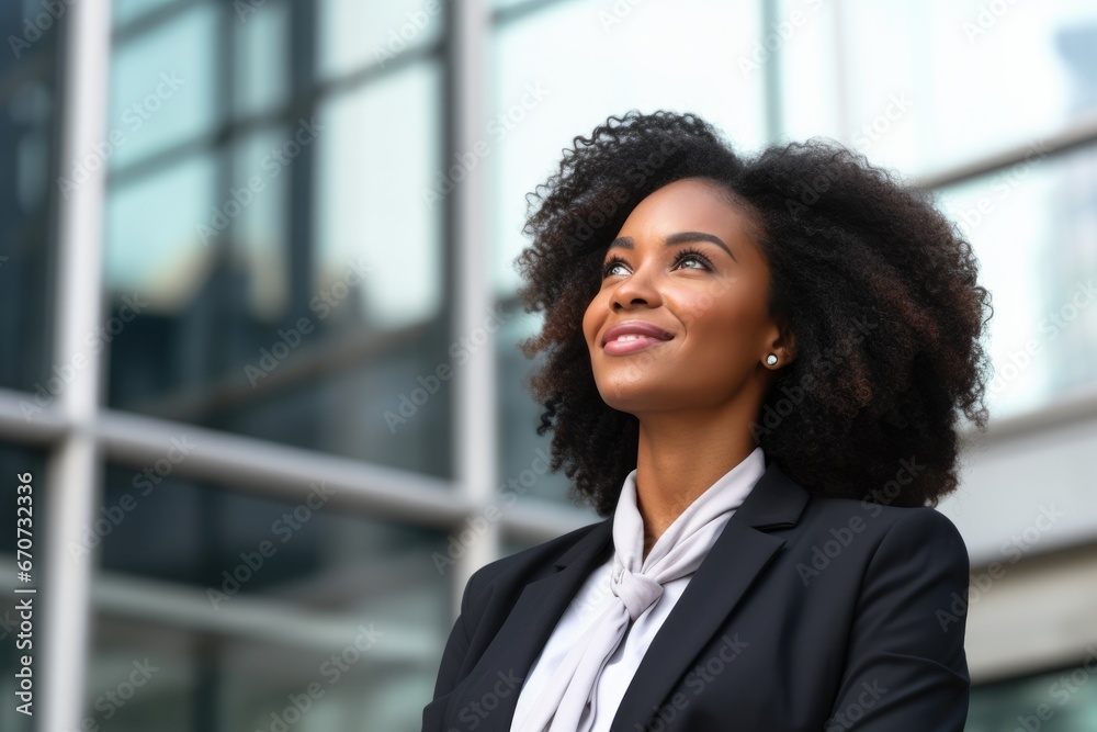 Black female corporate manager looking away with optimism thinking in future investments Black female corporate manager looking away with optimism thinking in future investments