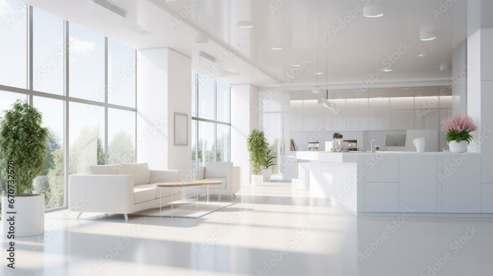 Fototapeta premium Reception desk in a corridor with large panoramic view