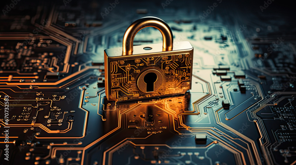 Cyber Security. A gold lock and key hole in a green circuit board. To symbolize personal data security and network protection. Cyber Security. A gold lock and key hole in a green circuit board. To symbolize personal data security and network protection.