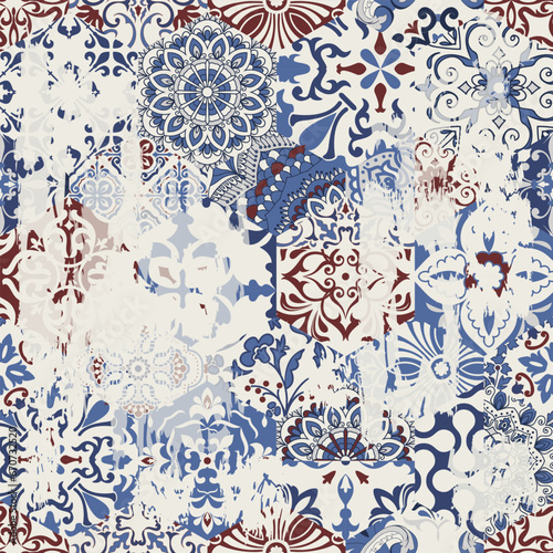 Seamless Azulejo tile with an effect of attrition. Portuguese and Spain decor. Ceramic tile. Seamless Victorian pattern. Vector hand drawn illustration, typical portuguese and spanish tile