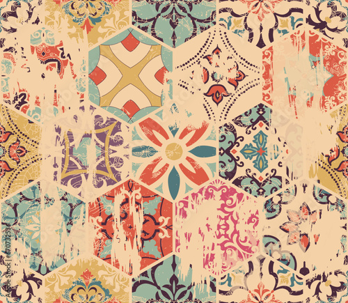 Traditional Oriental pattern, vector illustration. Ornament in retro colors. Seamless colorful floral hand drawn pattern with an effect of attrition. 
