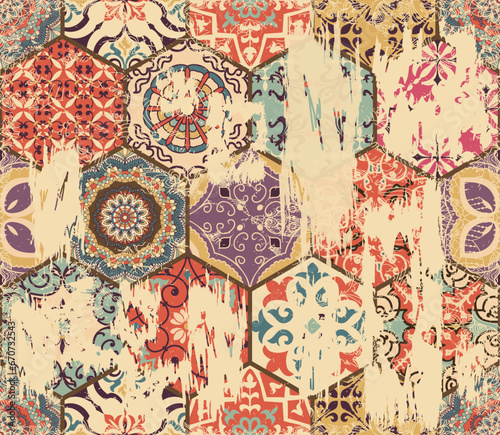 Traditional Oriental pattern, vector illustration. Ornament in retro colors. Seamless colorful floral hand drawn pattern with an effect of attrition. 