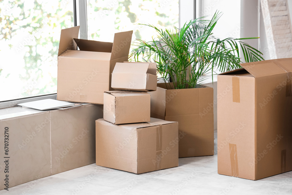 Cardboard boxes in living room on moving day Cardboard boxes in living room on moving day