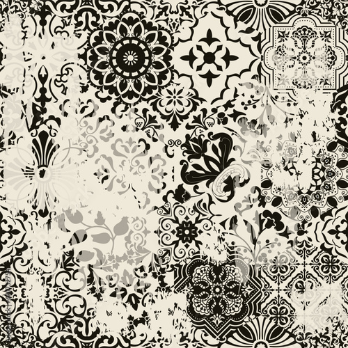 Seamless Azulejo tile with an effect of attrition. Portuguese and Spain decor. Ceramic tile. Seamless Victorian pattern. Vector hand drawn illustration, typical portuguese and spanish tile