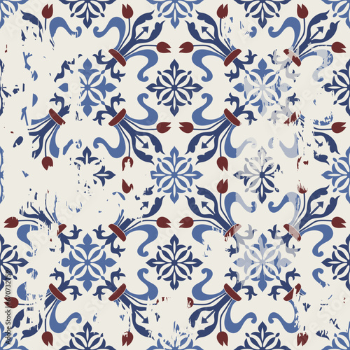 Seamless Azulejo tile with an effect of attrition. Portuguese and Spain decor. Ceramic tile. Seamless Victorian pattern. Vector hand drawn illustration, typical portuguese and spanish tile